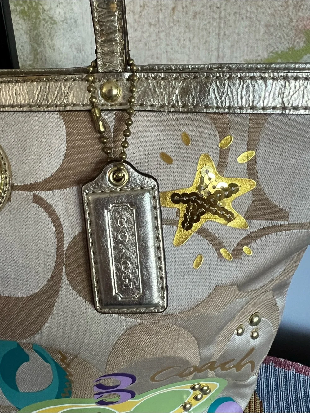 Coach 2011 Gold Signature Tote with Multicolor Graphic Accents - Picture 5 of 14